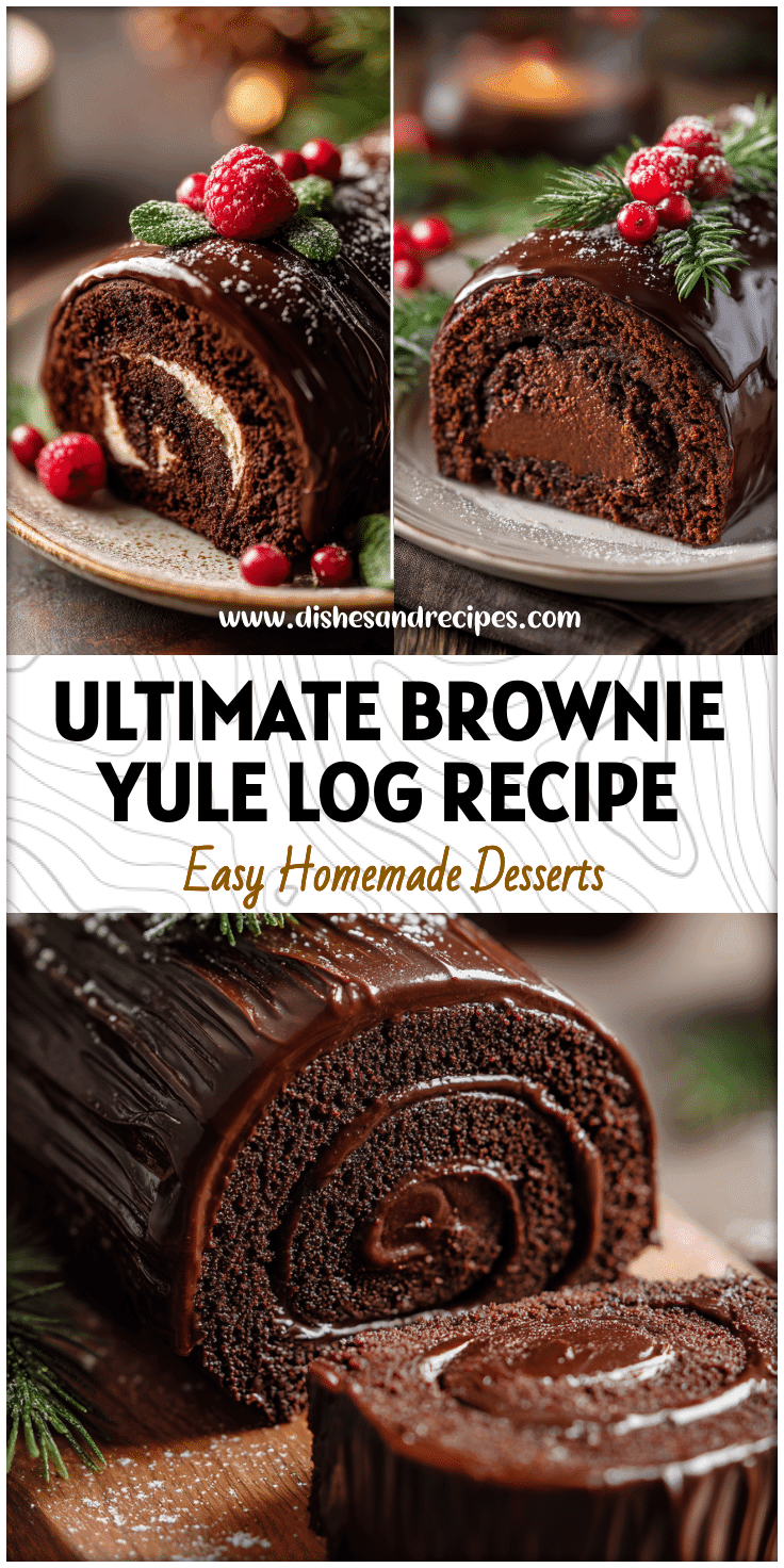 Rich Chocolate Brownie Yule Log covered in glossy ganache on a festive Christmas table.